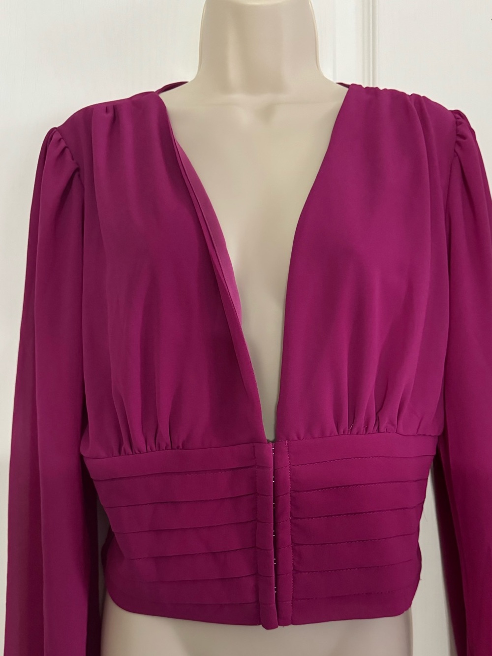 Deep V Fuchsia Pleated-Waist Long Sleeve Blouse